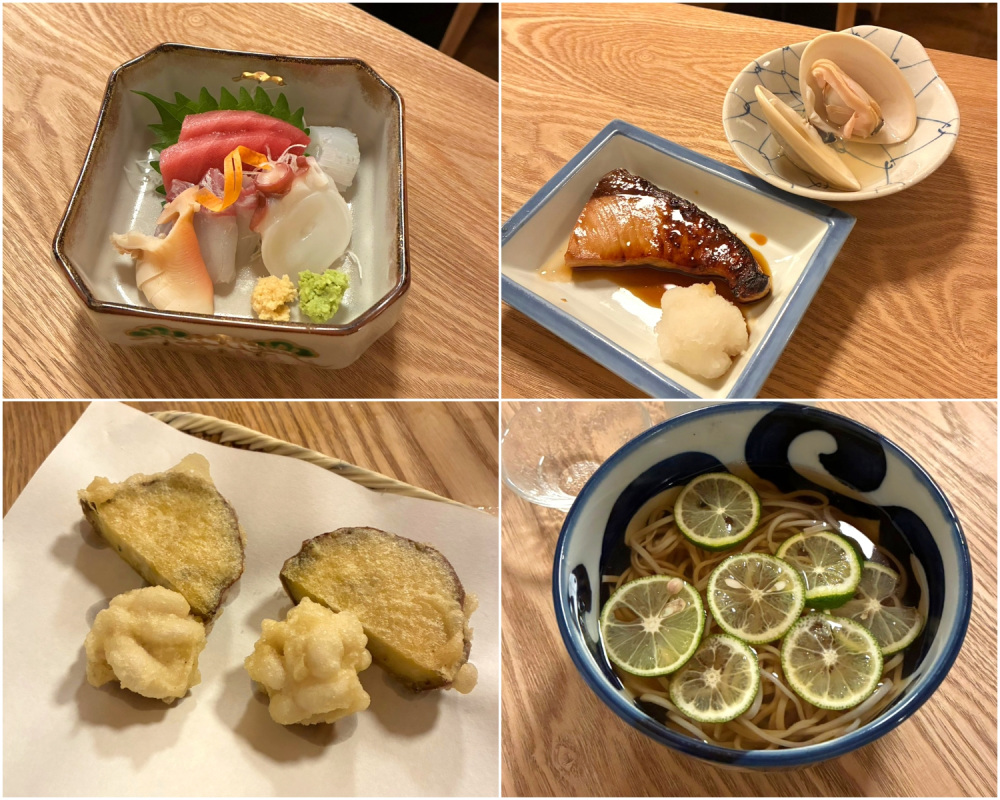 刺身盛り合わせ、本日の焼き魚、旬の天ぷら、本日のそば